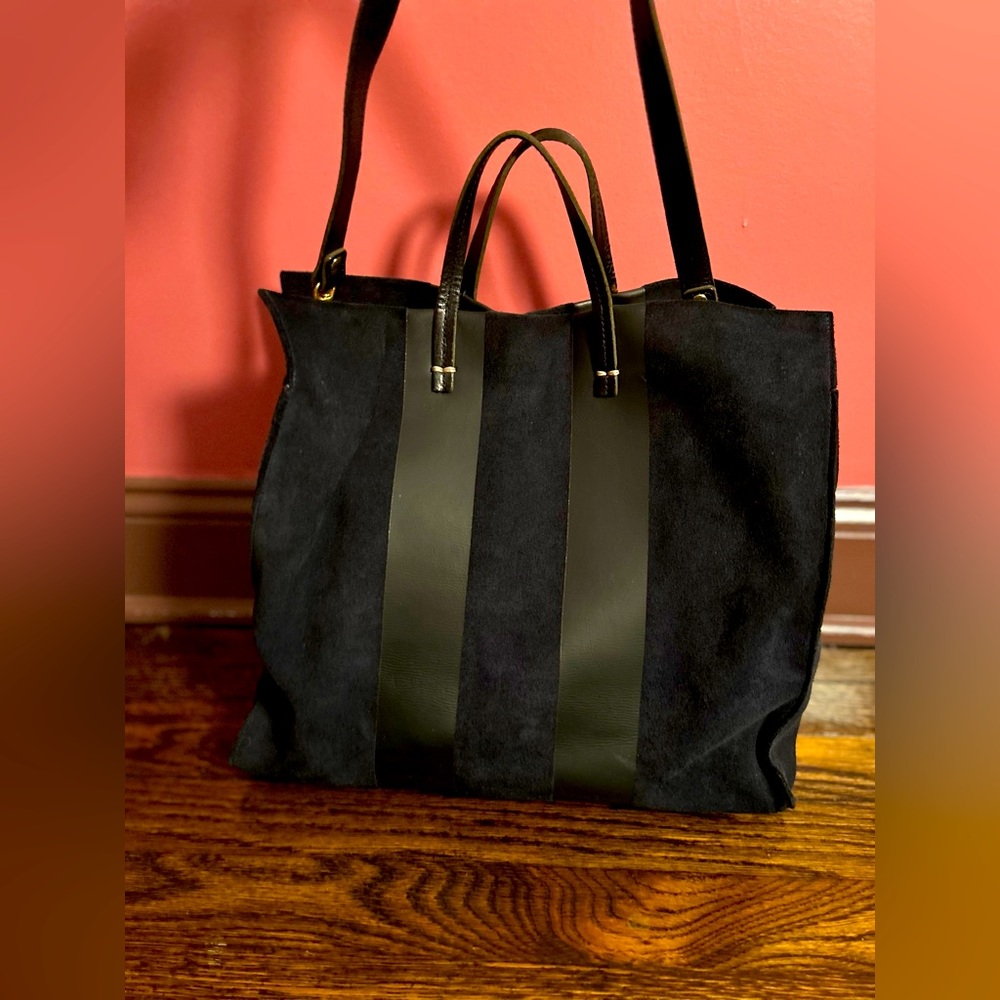 Clare V. simple tote in navy suede with stripes